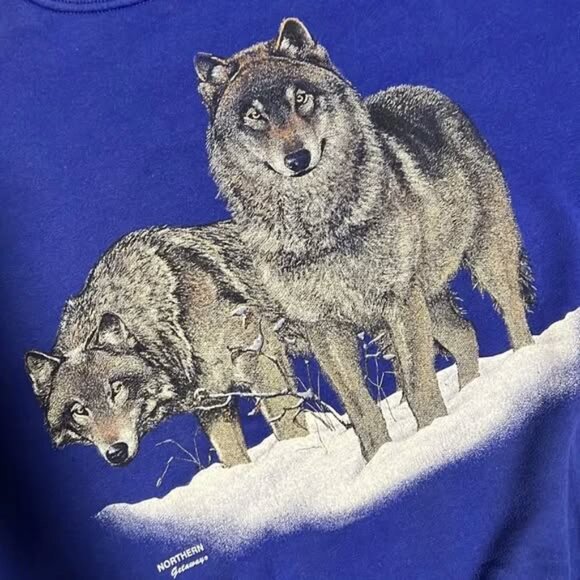 RARE 90s Vintage Northern Getaway Boys Blue Wolf Crewneck Winter Holiday Sweater - Picture 2 of 4